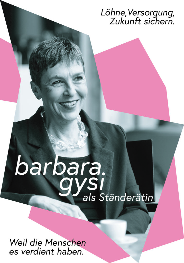 Plakat Barbara Gysi als Ständerätin - Löhne, Versorgung, Zukunft sichern.