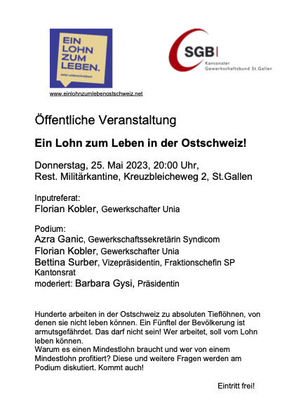 Ein Lohn zum Leben in der Ostschweiz – Podium in St. Gallen am 25. Mai